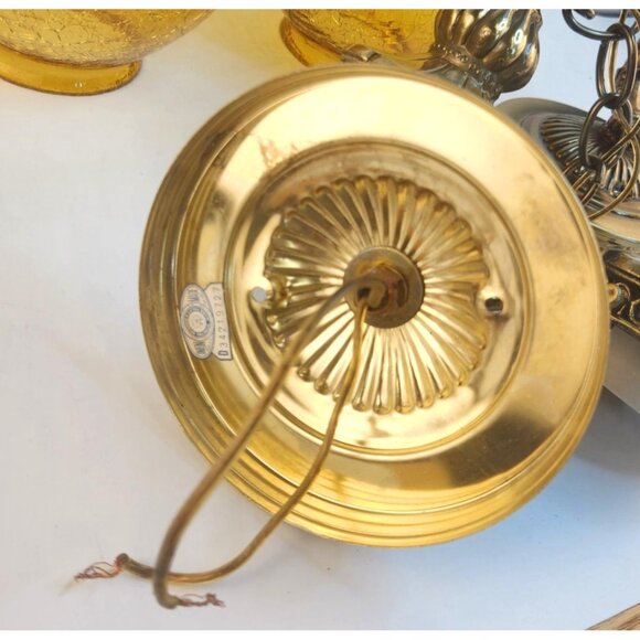 Brass & Amber Crackle Glass Vintage Wall Sconce Lighting Pair With Ornate Detail - Picture 16 of 16